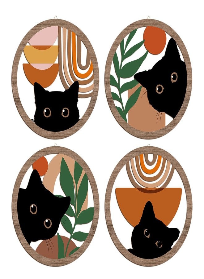 XFN 4PCs 3D Boho Cat Hanging Wooden Wall Art Wall Decor, Botanical Wall Decor Boho Room Decor, Cat Lover Gifts, Bohemian Wooden Sign Wood Art Wood Plaque Home Decor for Living Room Bedroom Farmhouse - Image 1